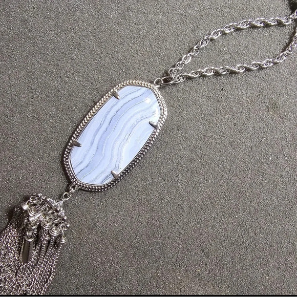 Kendra Scott Blue Lace Agate Rayne Silver Tone Statement Tassel Necklace 28" Lng - Picture 2 of 8
